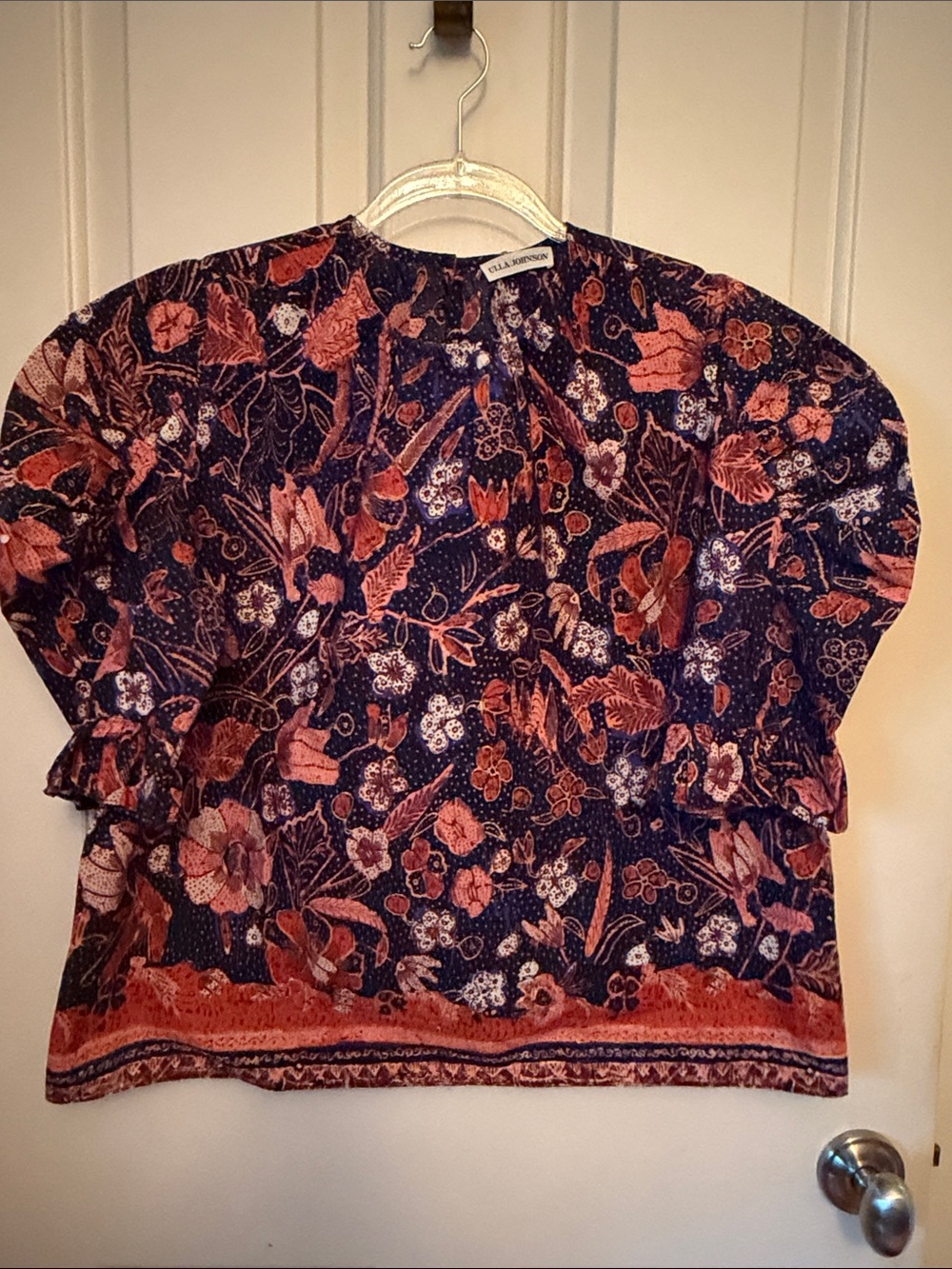 Ulla Johnson Navy and Coral Floral Puff-Sleeve Blouse